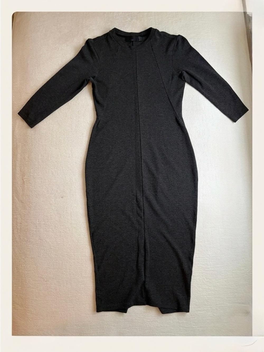 Zara Charcoal Midi Sheath Dress with Three-Quarter Sleeves